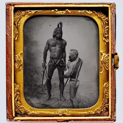 Image similar to spartan man and his helot slave, helot, ancient sparta, daguerreotype photograph, ancient photograph