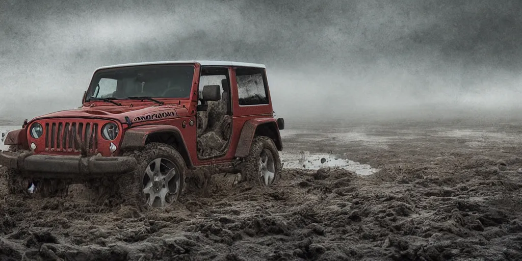 Image similar to a muddy 1997 hardtop white Jeep Wrangler drowning in quicksand, digital art, beautiful iridescent fog swallows the dirty swamp, gritty, cinematic, extraordinary colorful landscape, photorealistic, soft vintage glow