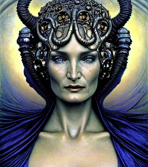 Image similar to detailed realistic beautiful young alien robot jessica lange as queen of mars face portrait by jean delville, gustave dore and marco mazzoni, art nouveau, symbolist, visionary, gothic, pre - raphaelite. horizontal symmetry by zdzisław beksinski, iris van herpen, raymond swanland and alphonse mucha. highly detailed, hyper - real, beautiful