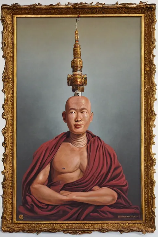 Image similar to realistic baroque oil portrait of a robot as a buddhist monk