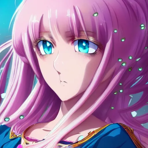 Image similar to stunningly beautiful omnipotent anime goddess with porcelain skin, pink hair and mesmerizing cyan eyes, symmetrical perfect face, mid view, hyperdetailed, 2 d, 8 k