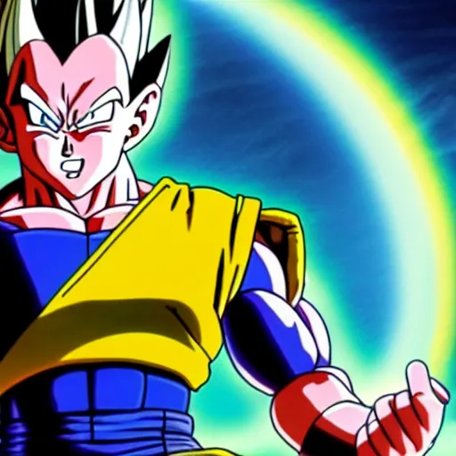 Prompt: still of vegeta powering up in dbz, anime, art by akira toriyama