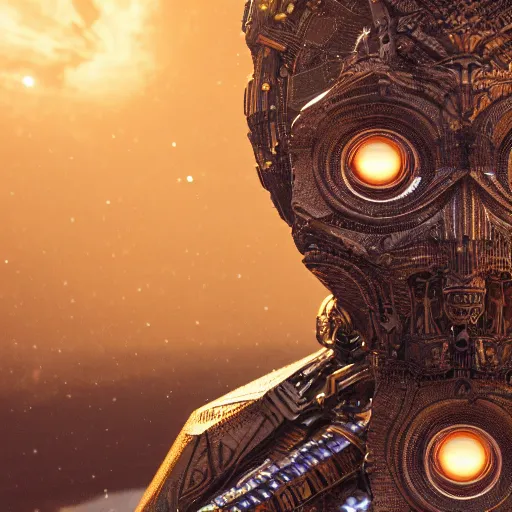 Prompt: trapped technological deity with eyes made of interstellar stargates and molten honeycomb structure, intricate detail, royo, whealan, giger, hd, 8 k, octane render, unreal engine,