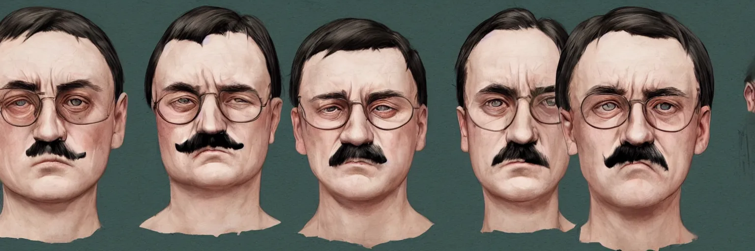 Prompt: colored character face study of crying mike patton and adolf hitler, 1 7 yo, clear, evil, glasses, sad, character sheet, fine details, concept design, contrast, kim jung gi, da vinci and francis bacon, trending on artstation, 8 k, 3 6 0 head, turnaround, front view, back view, ultra wide angle
