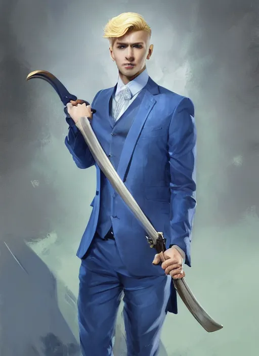 Image similar to artgerm portrait painting of a blond man in a blue suit with a sword and a pistol, asymmetrical, profile picture, organic painting, sunny day, matte painting, bold shapes, hard edges, street art, trending on artstation, by huang guangjian, gil elvgren, ruan jia, randy vargas, greg rutkowski