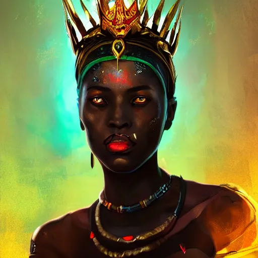 Prompt: a dark and ominous african queen with glowing eyes and a golden crown with a ruby and a black diamond in her forehead, spirits float in the background, Apex Legends character digital illustration portrait design, by android jones and greg rutkowski in a cyberpunk voodoo style, detailed, cinematic lighting, wide angle action dynamic portrait