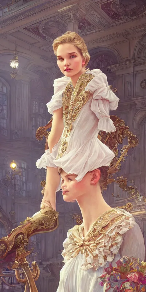 Prompt: sasha luss, mayors daughter, smart, clever, cheeky, elegant fantasy dress, town hall, intricate, highly detailed, digital painting, artstation, concept art, smooth, sharp focus, illustration, Unreal Engine 5, 8K, art by artgerm and greg rutkowski and alphonse mucha, by Jesper Ejsing