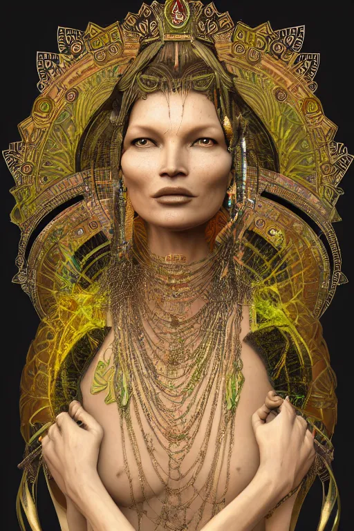 Prompt: a photo of a beautiful indian ancient alien woman goddess kate moss in jewelery and fractals in style of alphonse mucha art nuvo trending on artstation made in unreal engine 4 octane render in 8 k