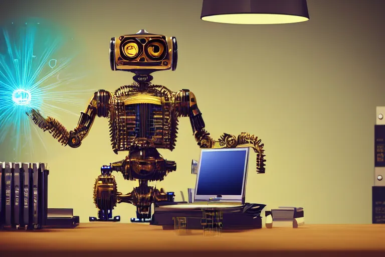 Prompt: photo of a golden and blue metal steampunk office robot with gears and tubes sitting in a modern office, on the office table is a suitcase with money bills, eyes are glowing red lightbulbs, shiny crisp finish, 3 d render, 8 k, insaneley detailed, fluorescent colors, background is multicolored lasershow