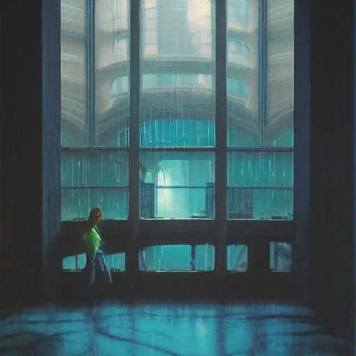 Image similar to 80s interior with arched windows, neon rain outside, cinematic, cyberpunk, lofi, calming, dramatic, fantasy, by Moebius, by zdzisław beksiński, Fantasy LUT, high contrast, sci-fi, dreamlike, surreal, angelic, cinematic, 8k, oil painting, hyper realistic, fantasy concept art,