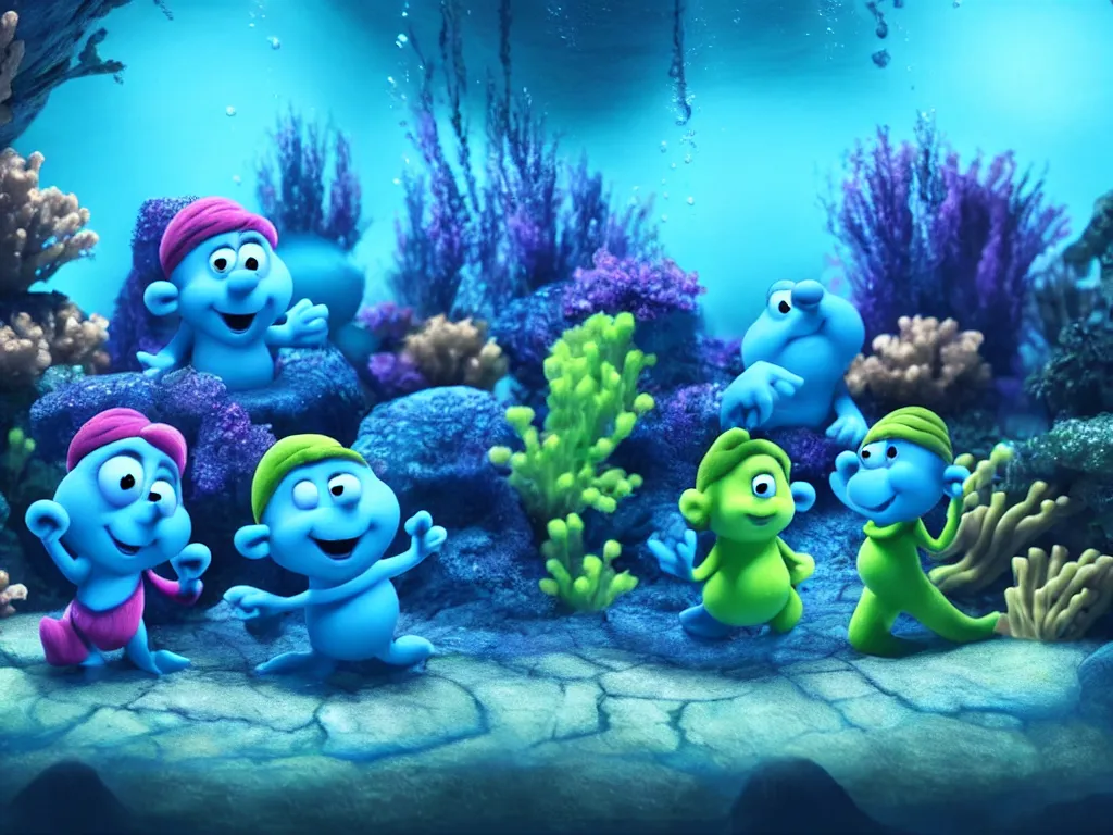 Image similar to underwater smurfs swimming with bioluminescent fishes, photorealistic painting, cgi, low volumetric light, movie still, very cute and cozy and fluffy and sweet