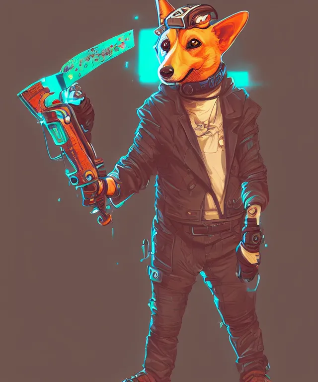 Image similar to a portrait of an anthropomorphic cyberpunk corgi! holding a chainsaw, fantasy, elegant, digital painting, artstation, concept art, matte, sharp focus, illustration, art by josan gonzalez