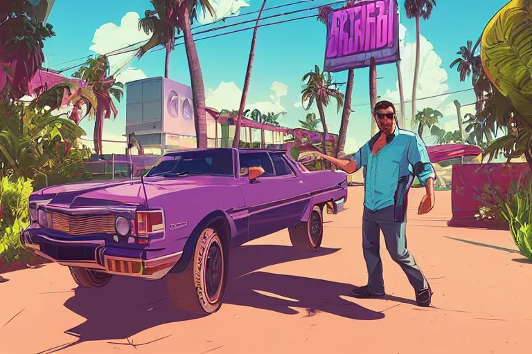 Image similar to gta vice city, gta 5 cover art, borderlands style, celshading, trending on artstation, by rhads, andreas rocha, rossdraws, makoto shinkai, laurie greasley, lois van baarle, ilya kuvshinov and greg rutkowski