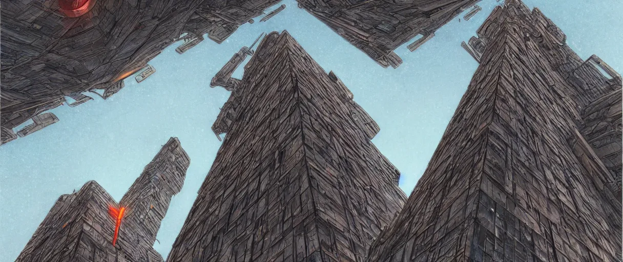 Prompt: looking up at a massive brutalist neon lit skyscraper in a desert wasteland on a blade runner world in the style of Rob Lefield Daniel Merriam and Ralph McQuarrie, trending on artstation, digital art, third person perspective, viewed from below, wide angle, establishing shot