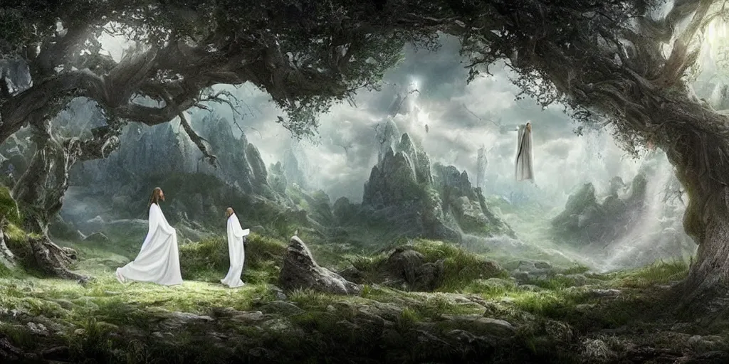 Prompt: a fantasy landscape with white beautiful trees and jesus in heaven, perfect faces, jesus, jesus, tom cruise, emma watson, jesus