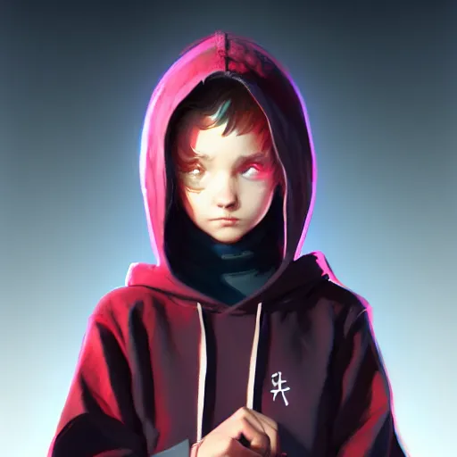 Image similar to young girl looking over her shoulder facing the camera, wearing an oversized hoodie, fantasy, sharp focus, character art, illustration, digital art painting, extremely detailed, trending on artstation, by masamune shirow, by greg rutkowski.