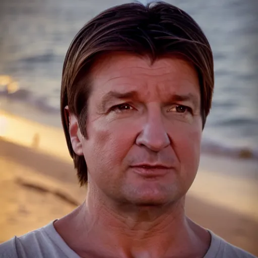Image similar to nathan fillion as a sandcastle, beautiful composition, cinematic lighting