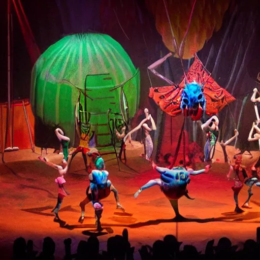 Prompt: claymation style circus, human performers, audience filled with giant bugs, hyper detailed, dramatic lighting, by Nick Park and Peter Lord