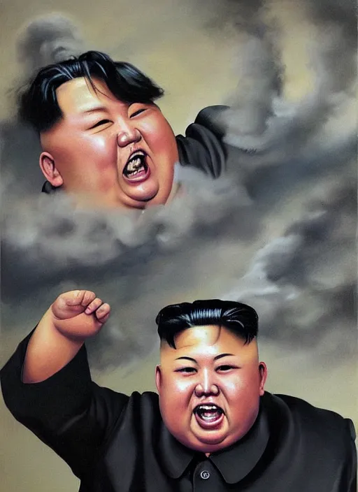 Image similar to kim jong un screaming, fat face, painting by phil hale, fransico goya,'action lines '!!!, graphic style, visible brushstrokes, motion blur, blurry, visible paint texture, crisp hd image