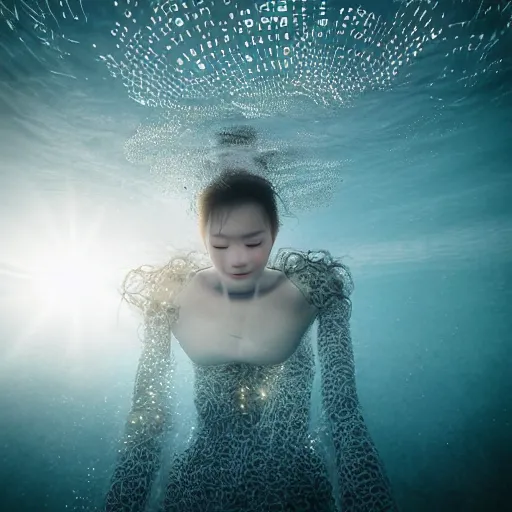 Prompt: beautiful centered fine art photo portrait of hoyeon jung as a solarpunk robotic humanoid treading above water, white mechanical parts with led lights, ultra - detailed and intricate, white background, sun lighting, soft focus, slow exposure hdr 8 k