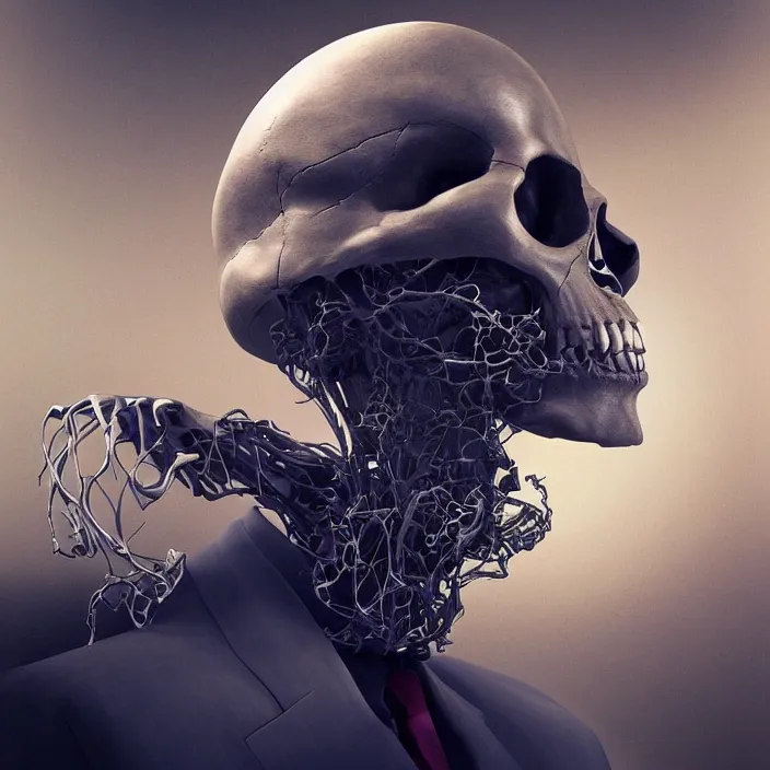 Prompt: portrait of an alien skull in a suit. intricate abstract. intricate artwork. nightmare fuel. by tooth wu wlop beeple dan mumford. octane _ render