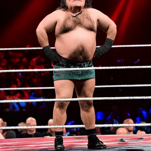 Prompt: Danny DeVito as a WWE Superstar, full body, 8k, historical, realistic, detailed