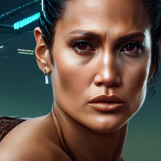 Image similar to highly detailed portrait jennifer lopez wearing shiny plastic crop top bladerunner, glistering skin, oiled, in gta v, stephen bliss, unreal engine, fantasy art by greg rutkowski, loish, rhads, ferdinand knab, makoto shinkai and lois van baarle, ilya kuvshinov, rossdraws, tom bagshaw,