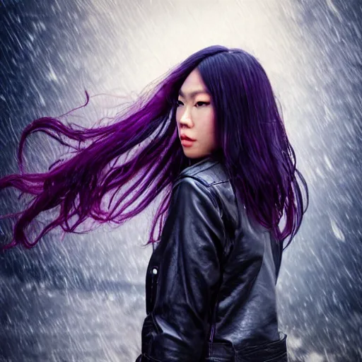 Prompt: photo of a gorgeous wet asian female with long dark purple hair in the style of stefan kostic, realistic, cyberpunk, leather jacket, aviators, nighttime, rain storm, body shot, sharp focus, 8 k high definition, insanely detailed, intricate, elegant, art by stanley lau and artgerm, floating embers