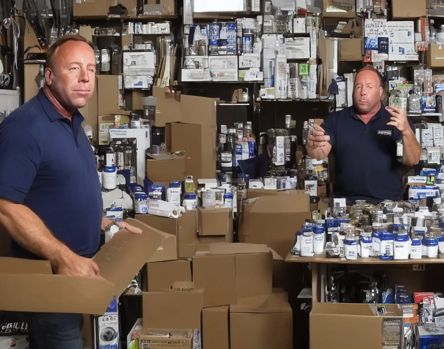 Prompt: Alex Jones inventing new conspiracy theories in his garage office, surrounded by boxes of herbal supplements, detailed photograph high quality