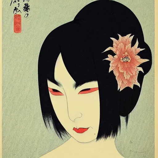 Image similar to portraite of a gorgeous devil woman portrait by ikenaga yasunari and ayana otake and ko rakusui, 6 0 s poster, drawing, realistic, sharp focus, japanese, dreamy, nostalgia, faded, golden hues,