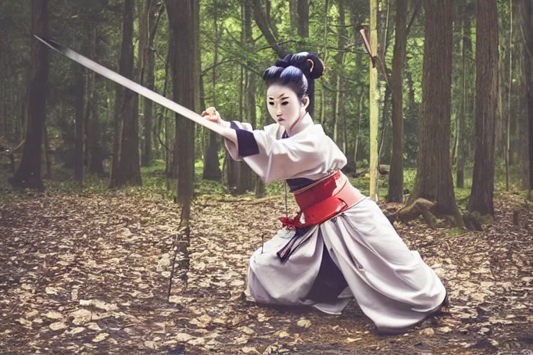 Image similar to beautiful photo of a young modern geisha samurai practising the sword in a forest, mid action swing, symmetrical face, beautiful eyes, huge oversized sword, award winning photo, muted pastels, action photography, 1 / 1 2 5 shutter speed, dramatic lighting, anime set style