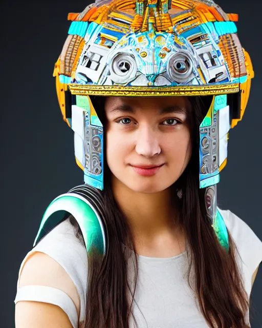 Image similar to centered medium shot fine studio photograph of a young woman wearing only a solarpunk mecha Mayan helmet with bright lights, ultra-realistic, white background, 8k HDR, intricate