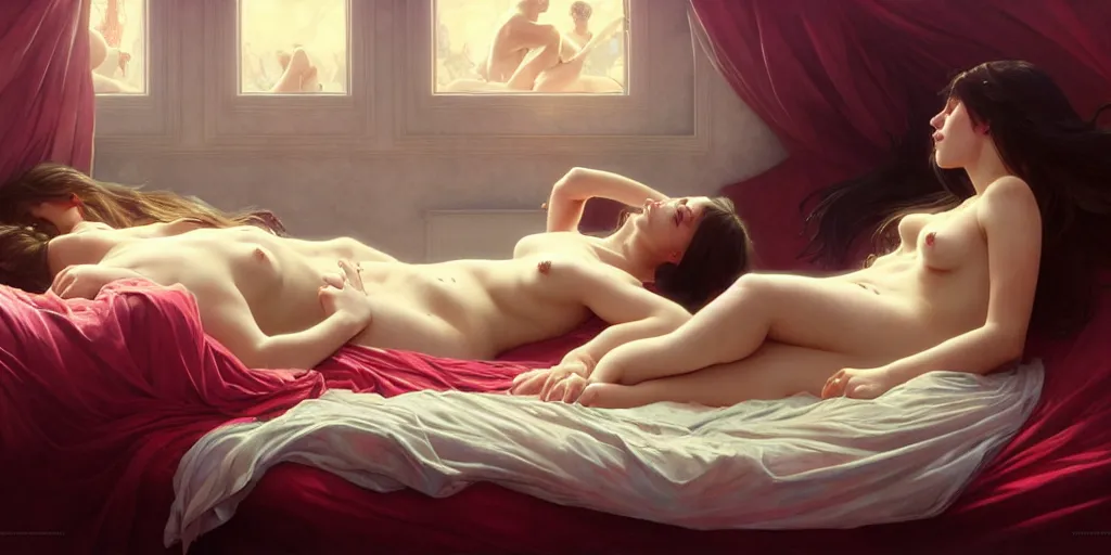 Prompt: three beautiful college girls in a bed rolling on ecstasy covered in sweat and dilated pupils, highly detailed, digital painting, artstation, concept art, matte, sharp focus, illustration, art by artgerm and greg rutkowski and alphonse mucha