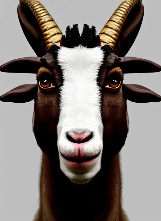 Image similar to anthropomorphic portrait of will smith as a goat, au naturel, hyper detailed, digital art, trending in artstation, cinematic lighting, studio quality, smooth render, unreal engine 5 rendered, octane rendered, art style by klimt and nixeu and ian sprigger and wlop and krenz cushart