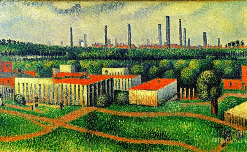 Prompt: geometric painting of industrial buildings surrounded by undergrowth by camille pissarro