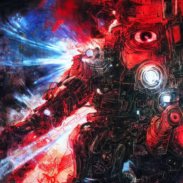 Prompt: cyborg with glowing red eyes, clouds, lasers, painting by greg ruthowski, yoshikata amano, yoji shinkawa, alphonse murac, collaborative artwork, beautifully drawn, heavily detailed