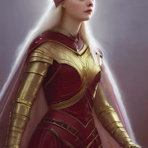 Prompt: head and shoulders portrait of modern darna, elle fanning as a knight from an edmund leighton painting, intricate, elegant, dark vibes, highly detailed, digital painting, artstation, glamor pose, concept art, smooth, sharp focus, illustration, art by wlop, mars ravelo and greg rutkowski