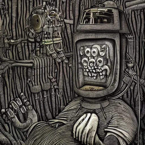 Image similar to moominpapa hooked up to a machine, hr giger artwork, very detailed!, high quality, 4 k