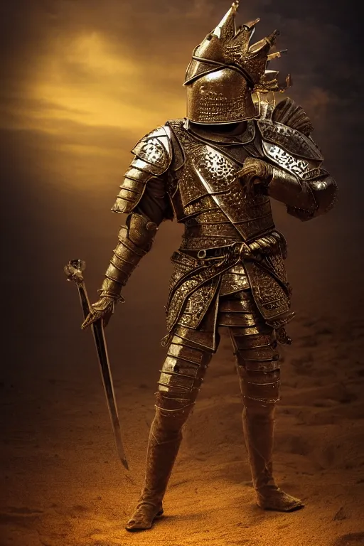 Image similar to the king in the desert, Medieval Warrior fighting in a dark scene, attractive face, detailed scene, standing in a heroic figure, Armour and Crown, highly detailed, blood and dust in the air, action scene, cinematic lighting, dramatic lighting, trending on artstation, elegant, intricate, character design, motion and action and tragedy, fantasy, D&D, highly detailed, digital painting, concept art