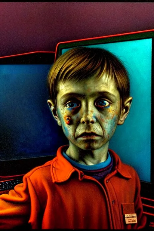 Image similar to realistic detailed color photo of a standing figure of a five years old boy in front of a PC computer monitor in an old dirty soviet apartment by and Mark Brooks, Neo-Gothic, gothic, rich deep colors. Beksinski painting, from a movie by David Cronenberg. masterpiece. realistic detailed image. Photographed with Leica Summilux-M 24 mm lens, ISO 100, f/8, Portra 400, kodak film, anamorphic lenses. high quality