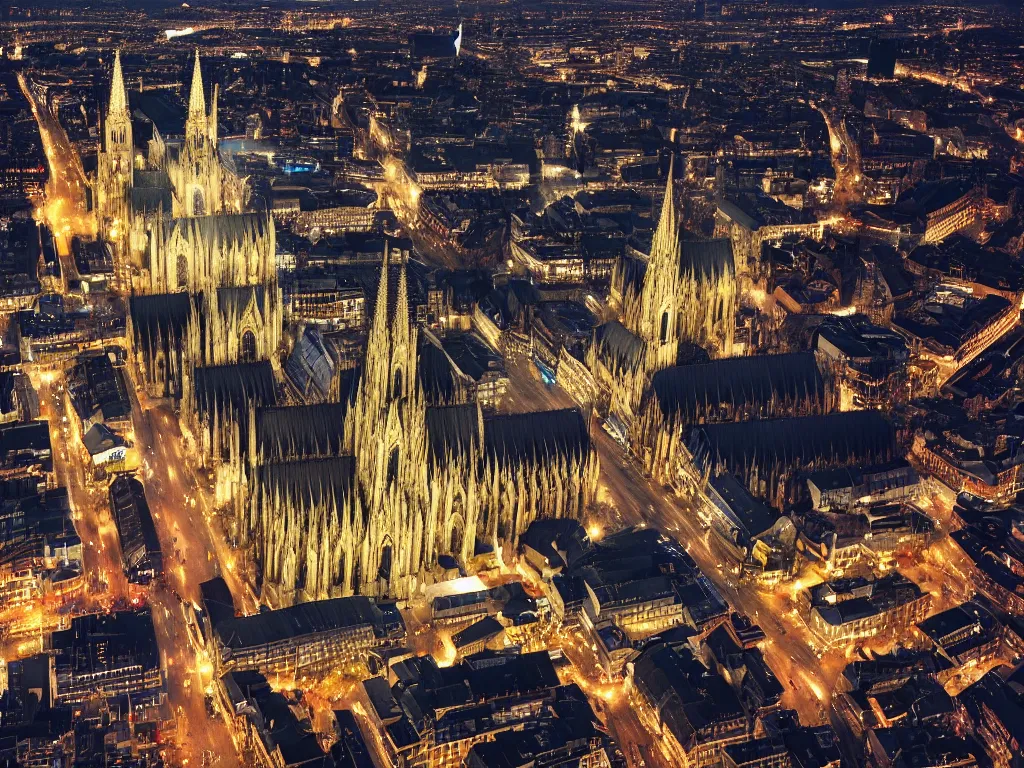 Prompt: cologne cathedral sourrounded by city, birds eye view, night, landscape, sky, volumetric lighting, 8 k octane beautifully detailed render, post - processing, extremely hyper - detailed, intricate, epic composition, intricate, trending on artstation, stunning art by frazetta, wonderful masterpiece by karine villette