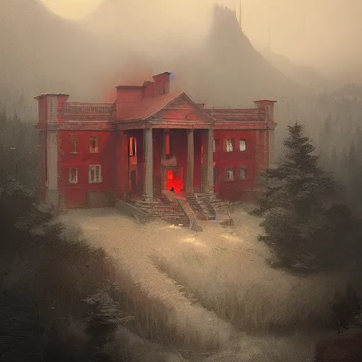 Image similar to a beautiful picture of the red lodge by Greg Rutkowski and David Lynch, trending on Artstation