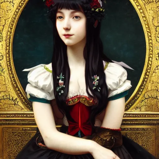 Image similar to a beautiful portrait of hatsune miku with long black and deep red colored hair dressed as a 1 6 th century european noblewoman, intricate, elegant, highly detailed, digital painting, artstation, concept art, matte, sharp focus, illustration, art by greg rutkowski and alphonse mucha