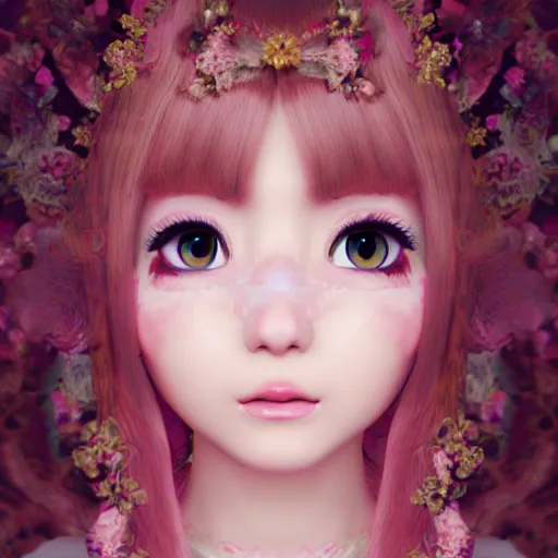 Image similar to highly detailed 3D render portrait young, kawaii lady pink cheeks dressed in manga, floral renaissance dress