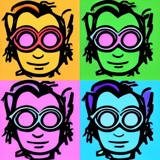 Image similar to minion dibujado estilo andy warhol, pop art, 4 imagenes en el lienzo, 8k