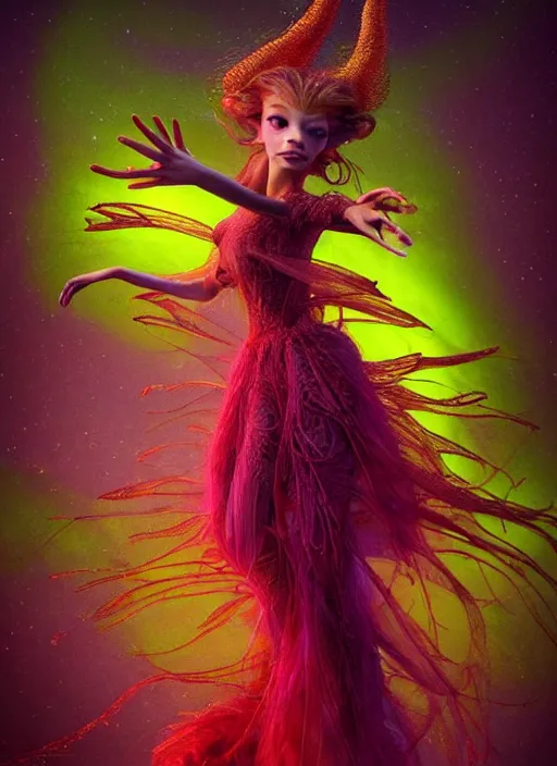 Image similar to hyper detailed 3d render like a Oil painting - very coherent Aurora profile (a beautiful fae princess protective playful expressive acrobatic from dark crystal that looks like Anya Taylor-Joy) seen red carpet photoshoot in UVIVF posing in scaly dress to Eat of the Strangling network of yellowcake aerochrome and milky Fruit and His delicate Hands hold of gossamer polyp blossoms bring iridescent fungal flowers whose spores black the foolish stars by Jacek Yerka, Ilya Kuvshinov, Mariusz Lewandowski, Houdini algorithmic generative render, golen ratio, Abstract brush strokes, Masterpiece, Victor Nizovtsev and James Gilleard, Zdzislaw Beksinski, Mark Ryden, Wolfgang Lettl, hints of Yayoi Kasuma and Dr. Seuss, Grant Wood, octane render, 8k