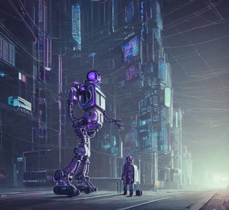 Image similar to hyperrealism stock photography of highly detailed stylish robot in cyberpunk sci - fi style by gragory crewdson and katsuhiro otomo, mike winkelmann with many details by josan gonzalez working at the highly detailed data center by mike winkelmann and laurie greasley hyperrealism photo on dsmc 3 system rendered in blender and octane render