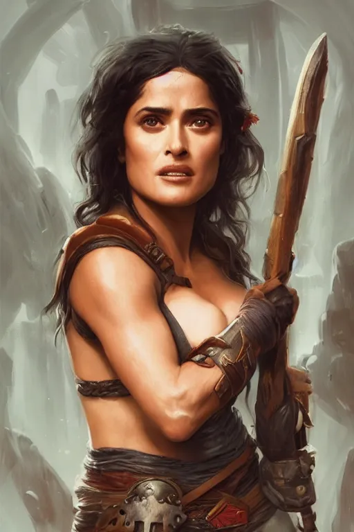 Image similar to portrait, Salma Hayek , barbarian , face portrait, raphael lacoste, eddie mendoza, alex ross, concept art, matte painting, highly detailed, rule of thirds, dynamic lighting, cinematic, detailed, denoised, centred