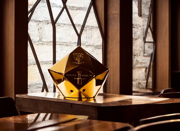 Prompt: a reflective geometric polyhedral steel engineering trophy at a high end bar in a medieval themed castle in golden afternoon light, professional food photography