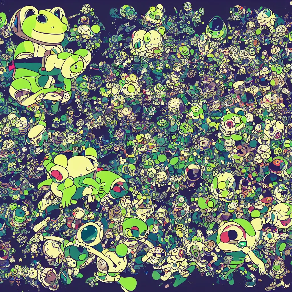 Image similar to toads, frogs, ryuta ueda artwork, breakcore, style of jet set radio, y 2 k, gloom, space, cel - shaded art style, indigo rainbow, data, minimal, takashi murakami artwork, code, cybernetic, dark, eerie, cyber